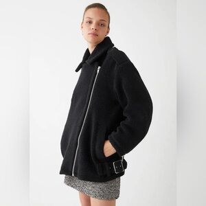 & other stories black wool long oversized side zip polo collared moto jacket S​